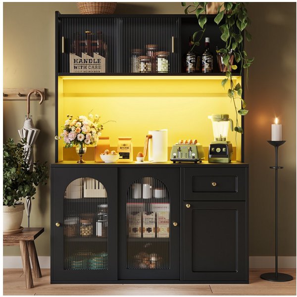Flieks Küchenbuffet mit LED-Beleuchtung, Glas-Schiebetüren und Schubladen (1-St., B120/T35/H167 cm) Hochschrank Küchenschrank Geschirrschrank mit verstellbare A