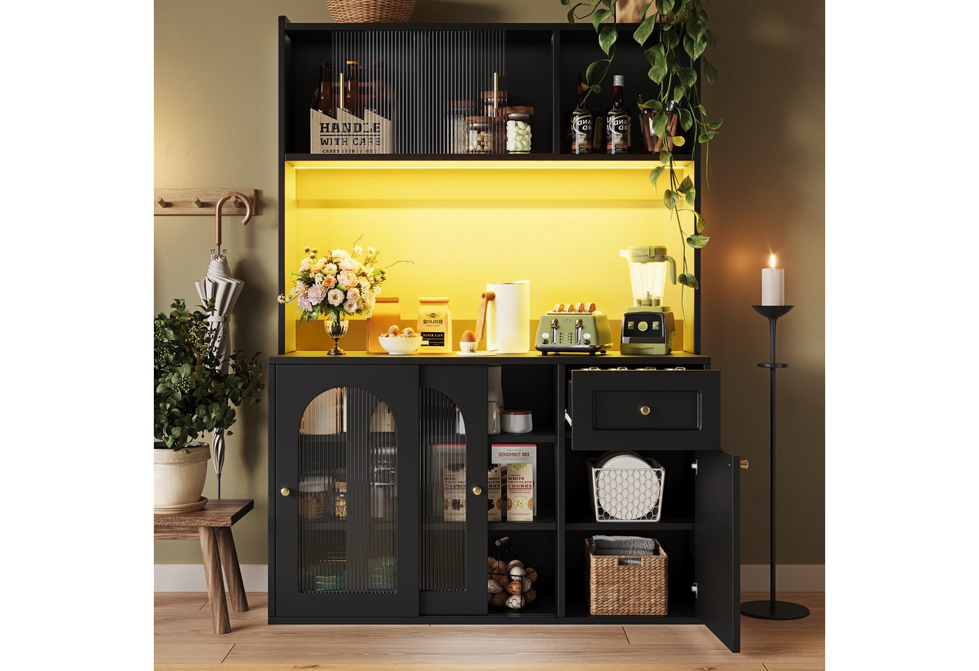 Flieks Küchenbuffet mit LED-Beleuchtung, Glas-Schiebetüren und Schubladen (1-St., B120/T35/H167 cm) Hochschrank Küchenschrank Geschirrschrank mit verstellbare A – Bild 2 von 5