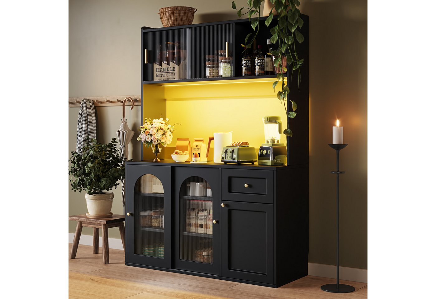 Flieks Küchenbuffet mit LED-Beleuchtung, Glas-Schiebetüren und Schubladen (1-St., B120/T35/H167 cm) Hochschrank Küchenschrank Geschirrschrank mit verstellbare A – Bild 3 von 5