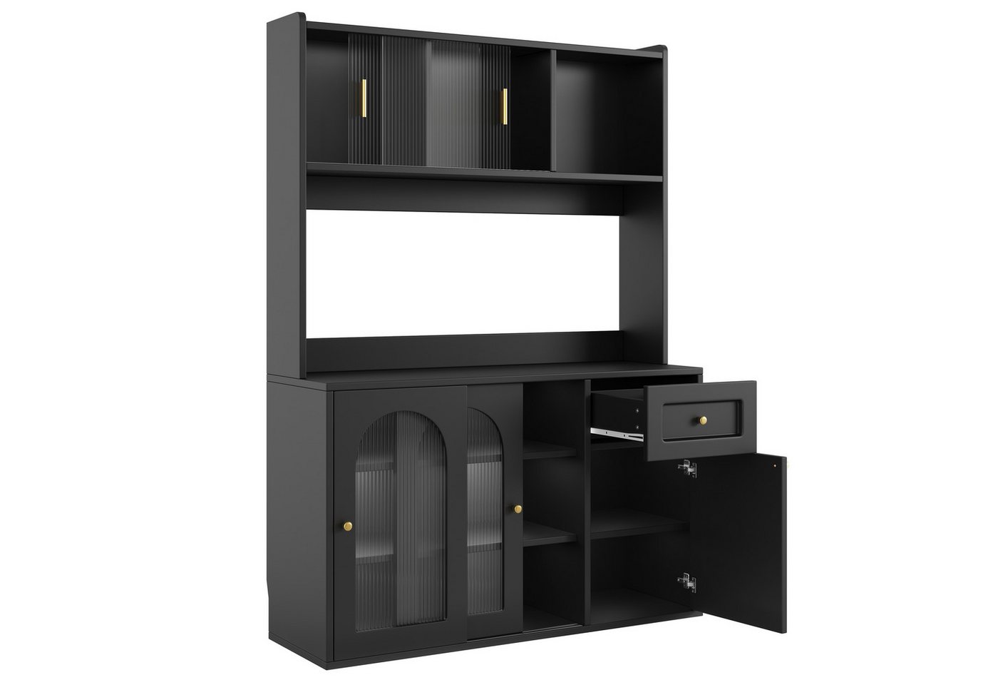 Flieks Küchenbuffet mit LED-Beleuchtung, Glas-Schiebetüren und Schubladen (1-St., B120/T35/H167 cm) Hochschrank Küchenschrank Geschirrschrank mit verstellbare A – Bild 4 von 5
