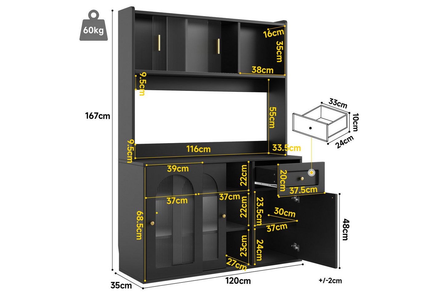 Flieks Küchenbuffet mit LED-Beleuchtung, Glas-Schiebetüren und Schubladen (1-St., B120/T35/H167 cm) Hochschrank Küchenschrank Geschirrschrank mit verstellbare A – Bild 5 von 5