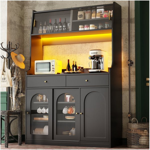 Flieks Küchenbuffet mit LED-Beleuchtung, Glas-Schiebetüren und Schubladen (1-St., B120/T40/H180 cm) Hochschrank Küchenschrank Geschirrschrank mit verstellbare A