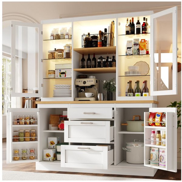Flieks Küchenbuffet mit LED-Beleuchtung, verstellbarer Glaseinlegeböden und Arbeitsplatte (1-St., B140/T40/H185 cm) Hochschrank Küchenschrank Glasvitrine in Lan