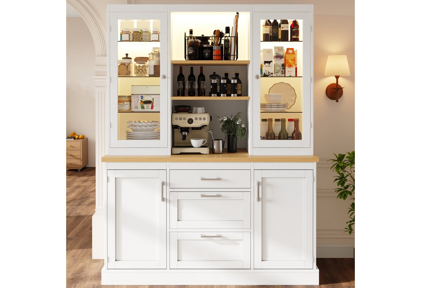 Flieks Küchenbuffet mit LED-Beleuchtung, verstellbarer Glaseinlegeböden und Arbeitsplatte (1-St., B140/T40/H185 cm) Hochschrank Küchenschrank Glasvitrine in Lan – Bild 2 von 5
