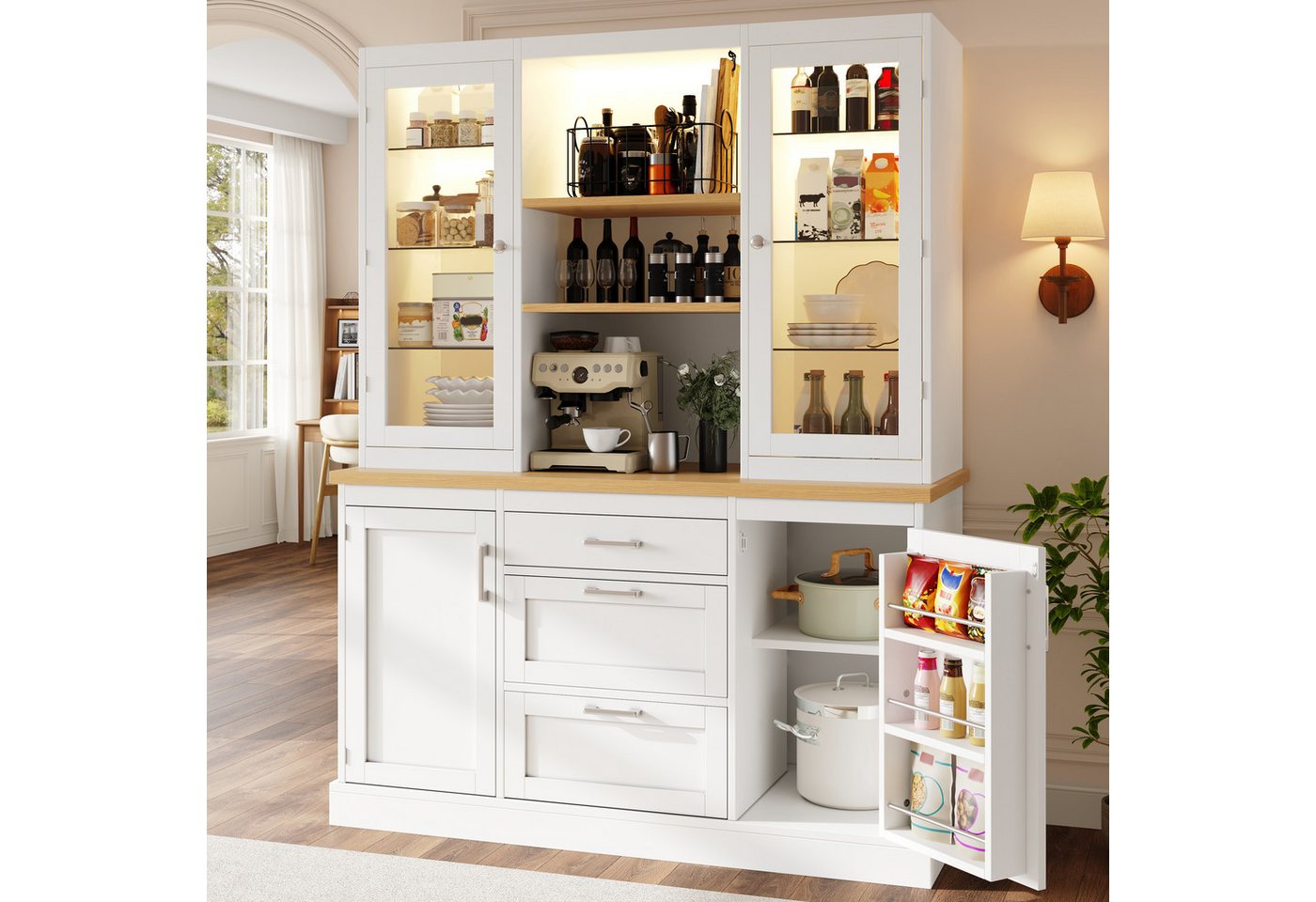 Flieks Küchenbuffet mit LED-Beleuchtung, verstellbarer Glaseinlegeböden und Arbeitsplatte (1-St., B140/T40/H185 cm) Hochschrank Küchenschrank Glasvitrine in Lan – Bild 3 von 5