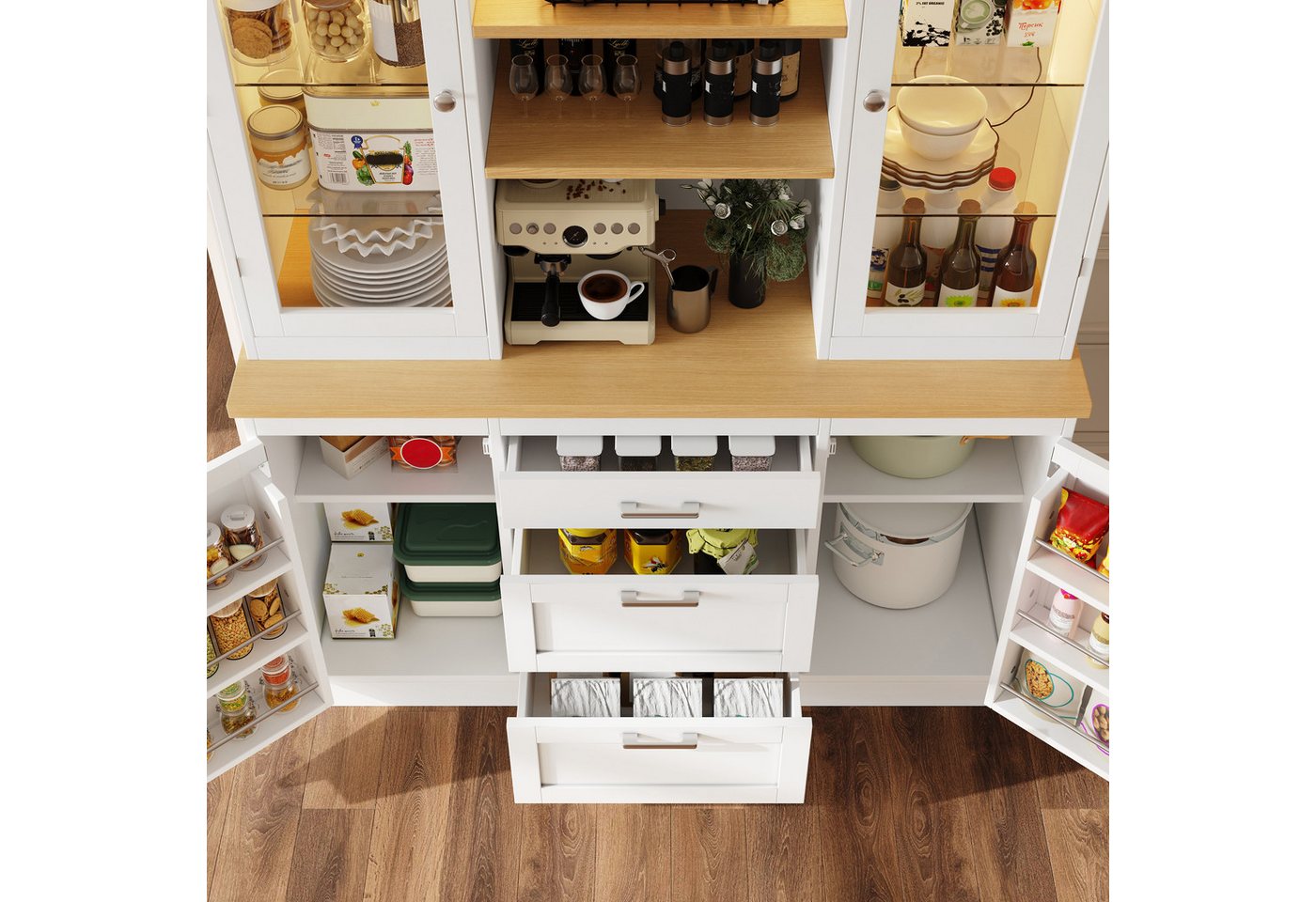 Flieks Küchenbuffet mit LED-Beleuchtung, verstellbarer Glaseinlegeböden und Arbeitsplatte (1-St., B140/T40/H185 cm) Hochschrank Küchenschrank Glasvitrine in Lan – Bild 4 von 5