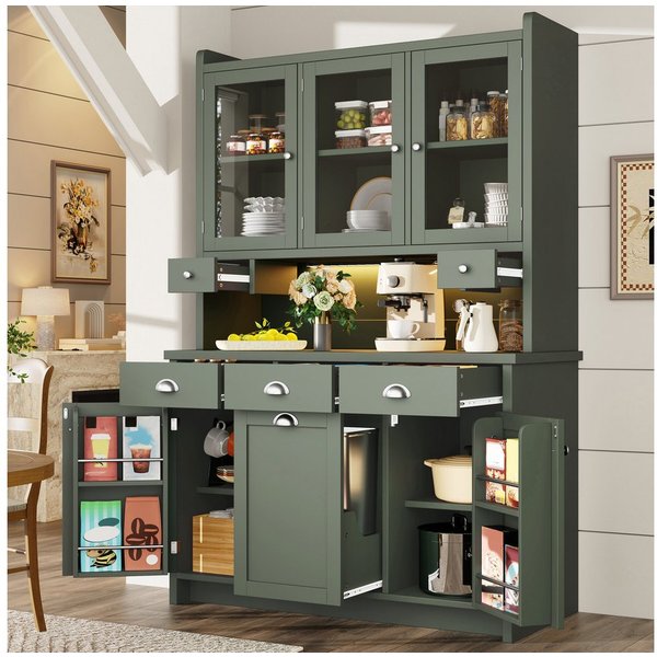Flieks Küchenbuffet mit LED-Beleuchtung, Glastüren und verstellbarer Einlegeböden (1-St., B120/T40/H180 cm) Hochschrank Küchenschrank mit Arbeitsplatte in Retro