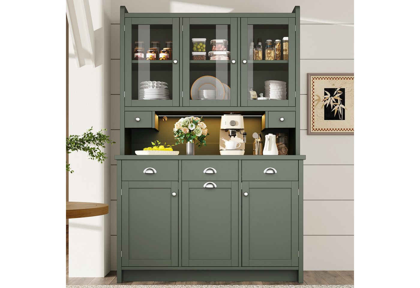 Flieks Küchenbuffet mit LED-Beleuchtung, Glastüren und verstellbarer Einlegeböden (1-St., B120/T40/H180 cm) Hochschrank Küchenschrank mit Arbeitsplatte in Retro – Bild 2 von 5