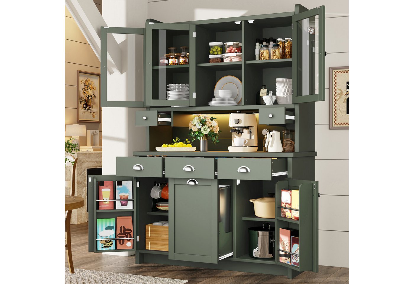 Flieks Küchenbuffet mit LED-Beleuchtung, Glastüren und verstellbarer Einlegeböden (1-St., B120/T40/H180 cm) Hochschrank Küchenschrank mit Arbeitsplatte in Retro – Bild 3 von 5
