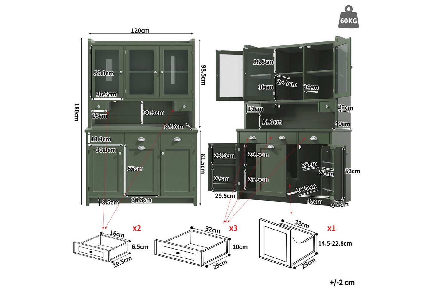 Flieks Küchenbuffet mit LED-Beleuchtung, Glastüren und verstellbarer Einlegeböden (1-St., B120/T40/H180 cm) Hochschrank Küchenschrank mit Arbeitsplatte in Retro – Bild 5 von 5