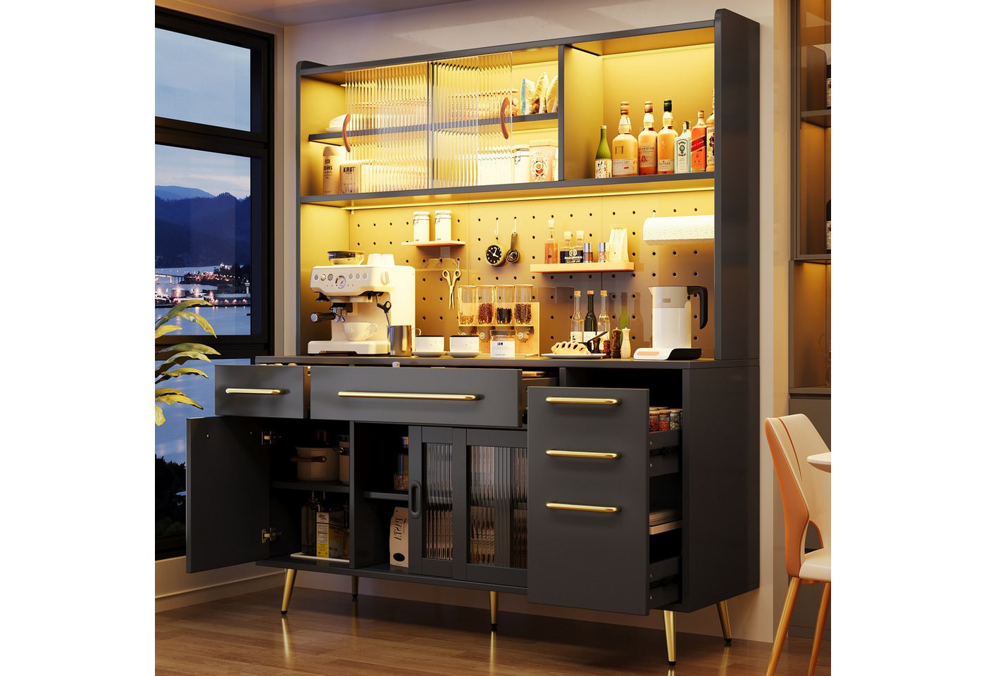 Flieks Küchenbuffet mit LED-Beleuchtung, Lochwandregalen, Glasschiebetüren und Schubladen (1-St) Hochschrank Küchenschrank Geschirrschrank mit verstellbarer Abl – Bild 2 von 5