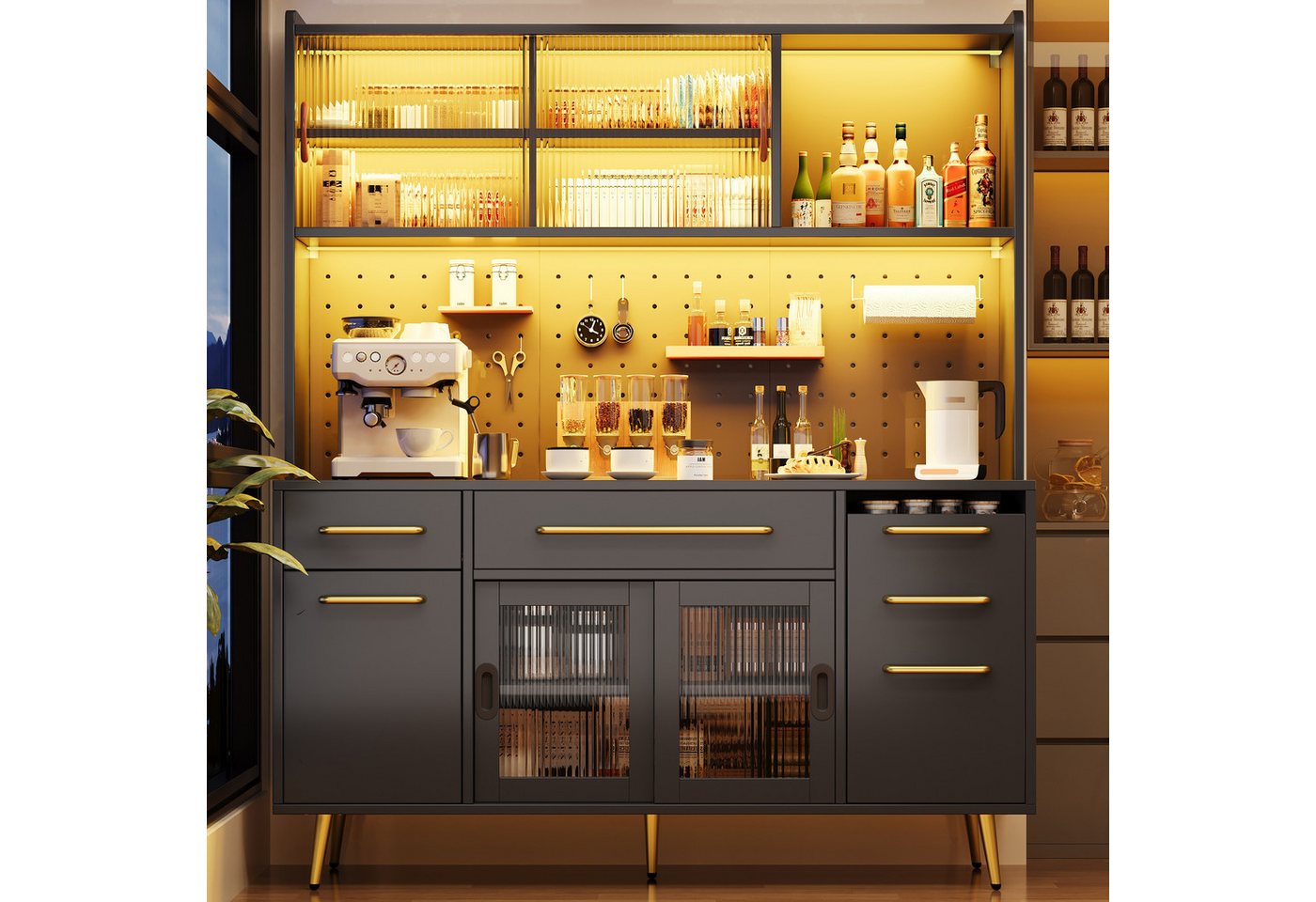 Flieks Küchenbuffet mit LED-Beleuchtung, Lochwandregalen, Glasschiebetüren und Schubladen (1-St) Hochschrank Küchenschrank Geschirrschrank mit verstellbarer Abl – Bild 3 von 5