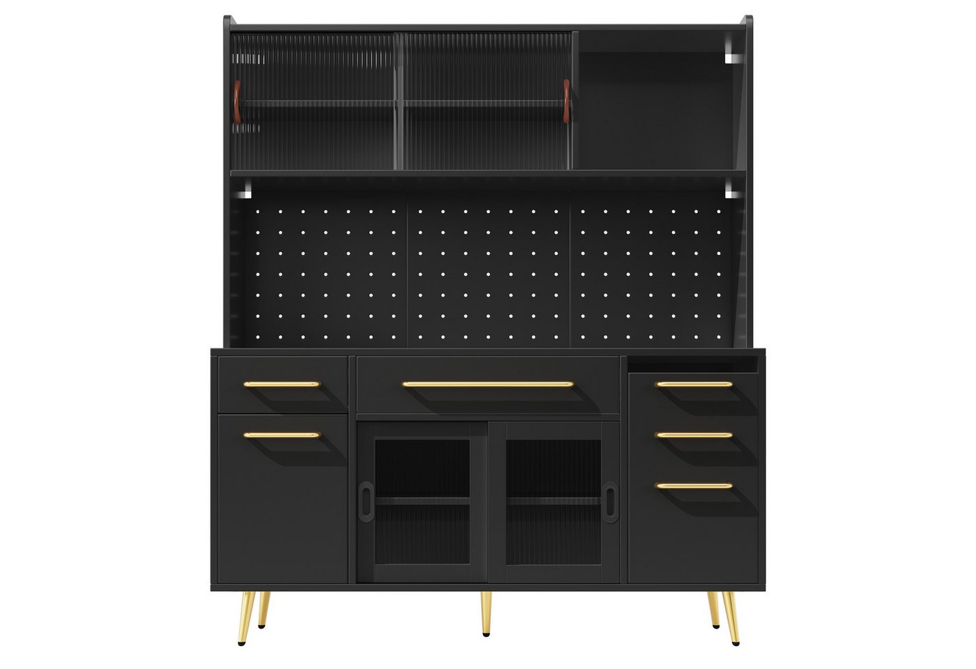 Flieks Küchenbuffet mit LED-Beleuchtung, Lochwandregalen, Glasschiebetüren und Schubladen (1-St) Hochschrank Küchenschrank Geschirrschrank mit verstellbarer Abl – Bild 4 von 5