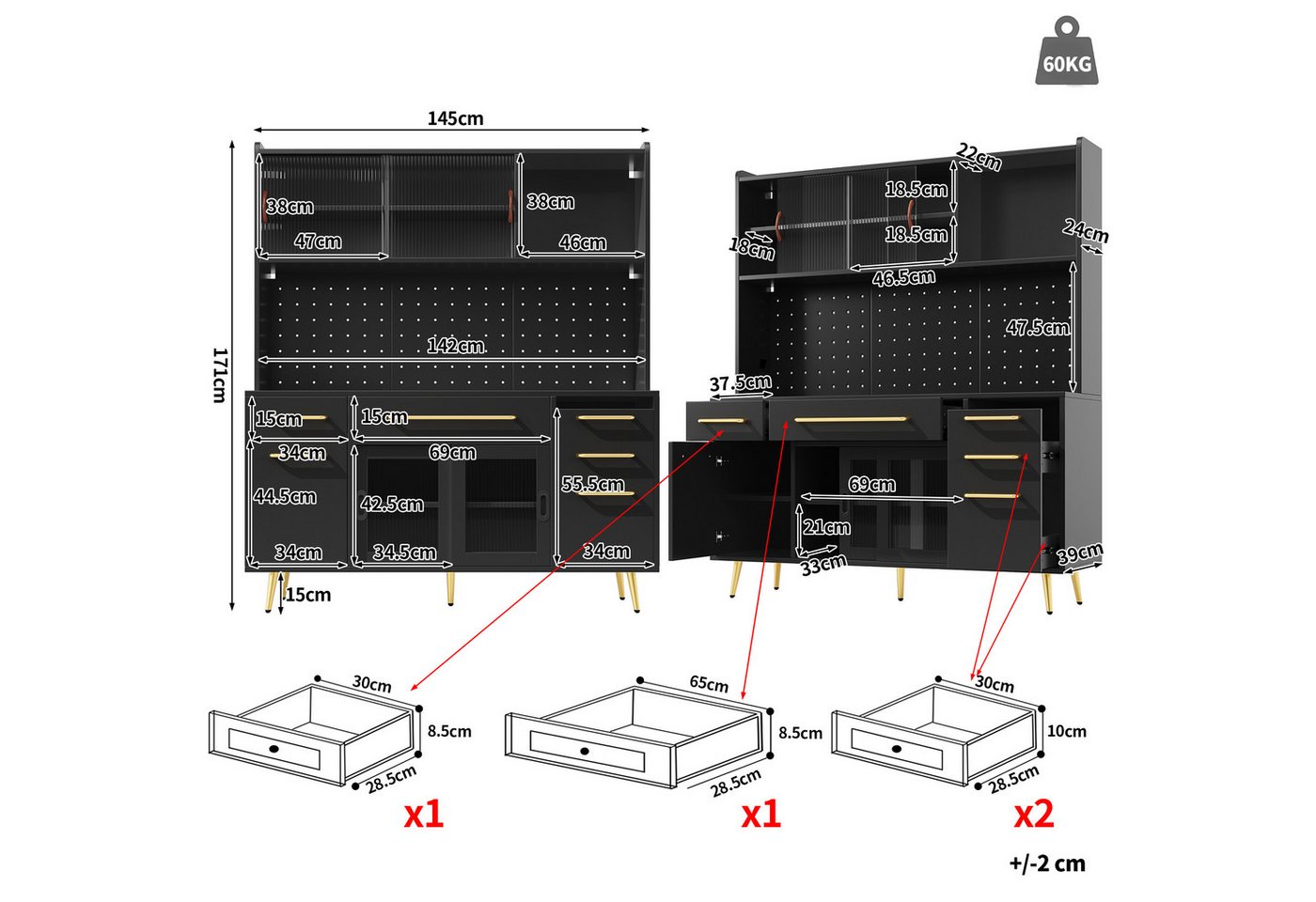 Flieks Küchenbuffet mit LED-Beleuchtung, Lochwandregalen, Glasschiebetüren und Schubladen (1-St) Hochschrank Küchenschrank Geschirrschrank mit verstellbarer Abl – Bild 5 von 5