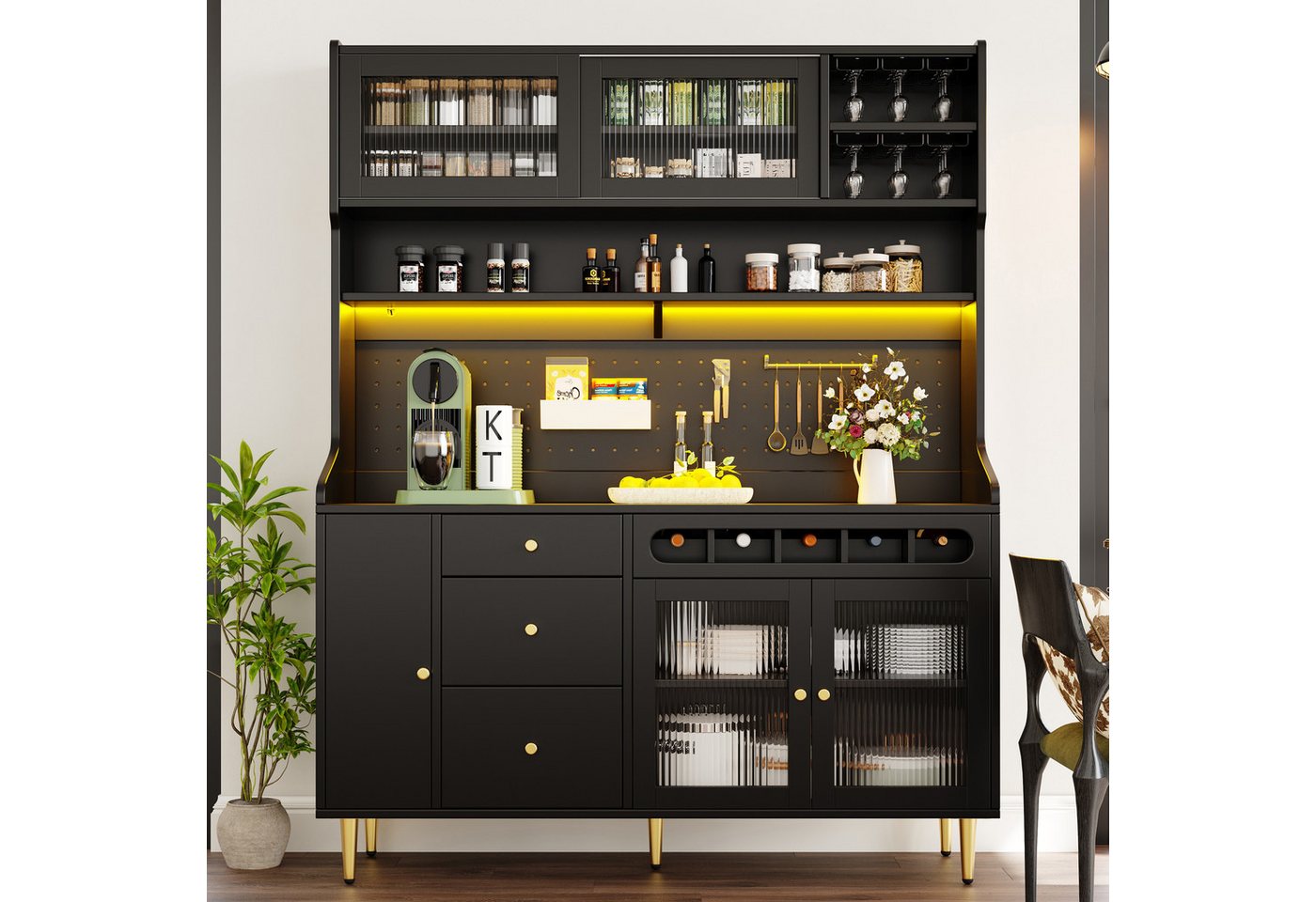 Flieks Küchenbuffet mit LED-Beleuchtung, Lochwandregalen, Gläserhalter und Weinregal (145x39x171 cm, 1-St., Buffetschrank mit Glasschiebetüren und Schubladen) H – Bild 2 von 5