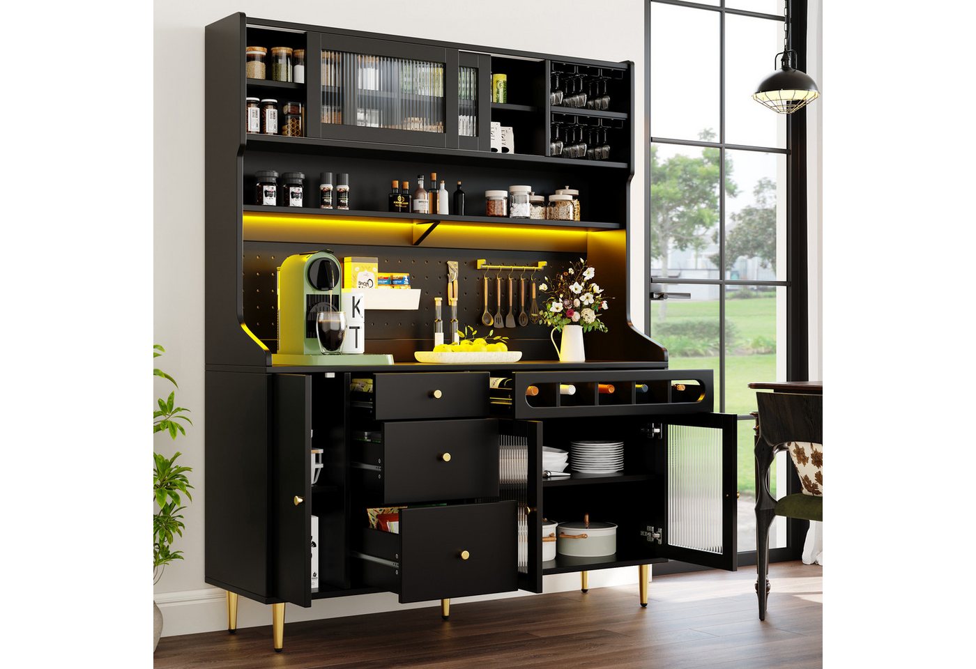 Flieks Küchenbuffet mit LED-Beleuchtung, Lochwandregalen, Gläserhalter und Weinregal (145x39x171 cm, 1-St., Buffetschrank mit Glasschiebetüren und Schubladen) H – Bild 3 von 5