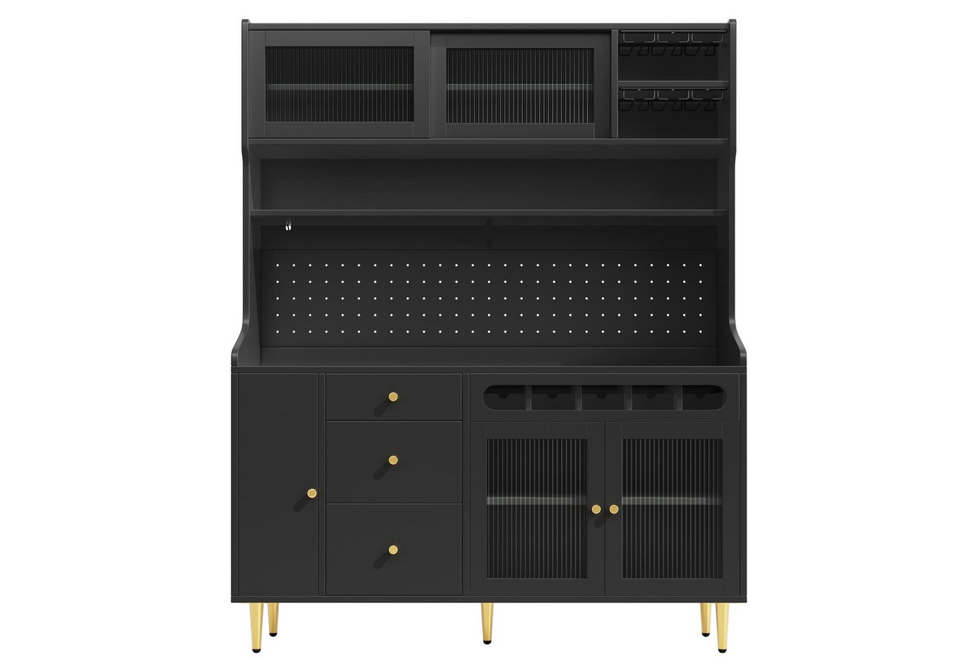 Flieks Küchenbuffet mit LED-Beleuchtung, Lochwandregalen, Gläserhalter und Weinregal (145x39x171 cm, 1-St., Buffetschrank mit Glasschiebetüren und Schubladen) H – Bild 4 von 5