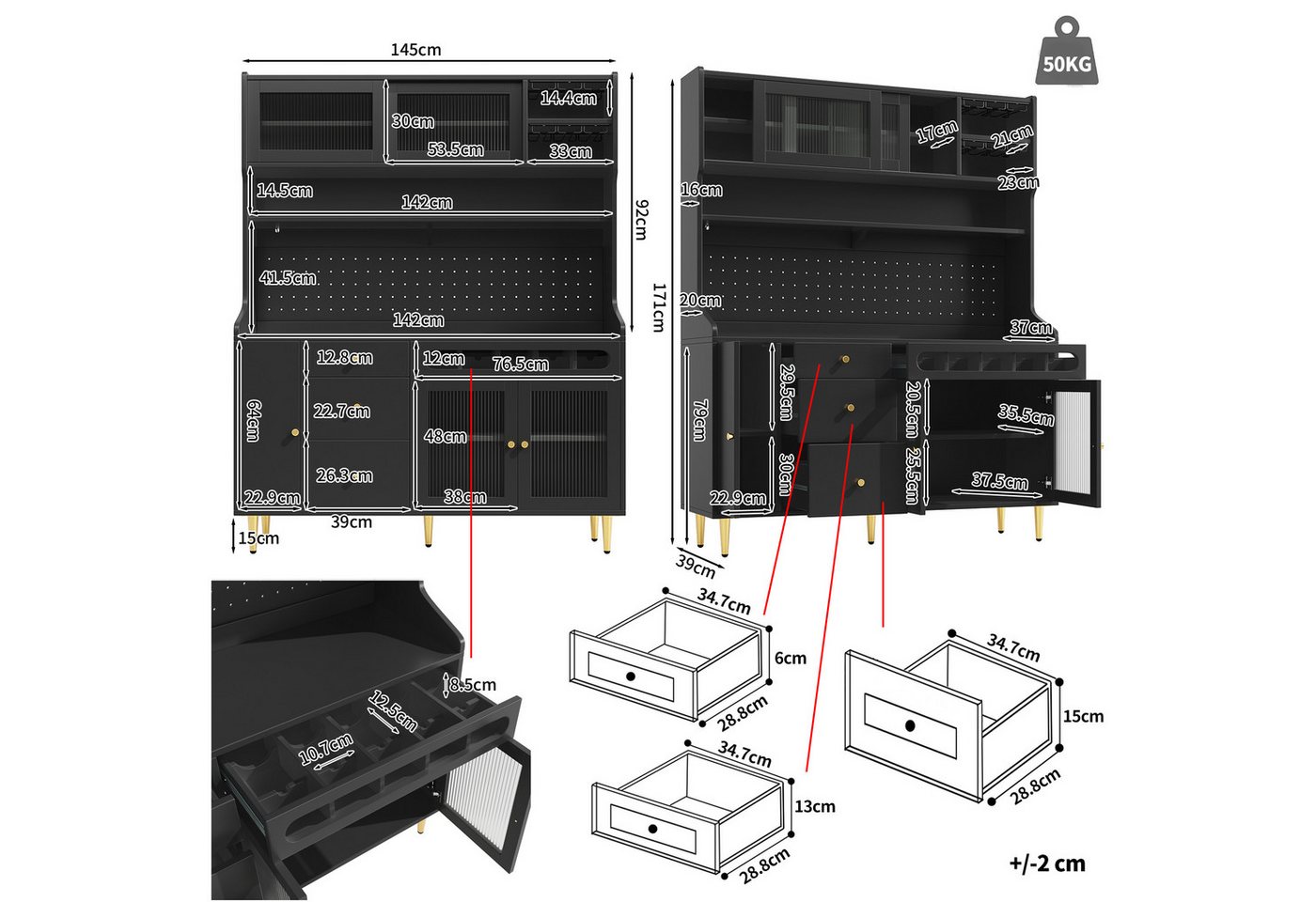 Flieks Küchenbuffet mit LED-Beleuchtung, Lochwandregalen, Gläserhalter und Weinregal (145x39x171 cm, 1-St., Buffetschrank mit Glasschiebetüren und Schubladen) H – Bild 5 von 5