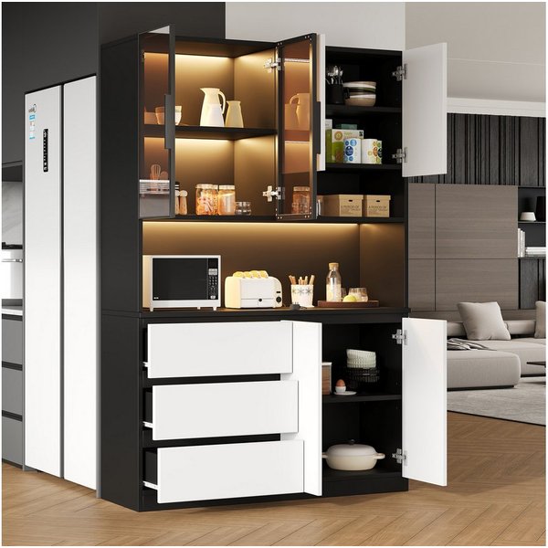 Flieks Küchenbuffet mit LED-Beleuchtung, 3 Schubladen und Glastüren (mit verstellbarer Einlegeböden & Arbeitsplatte, 1-St., 120x40x180 cm) Hochschrank Küchensch