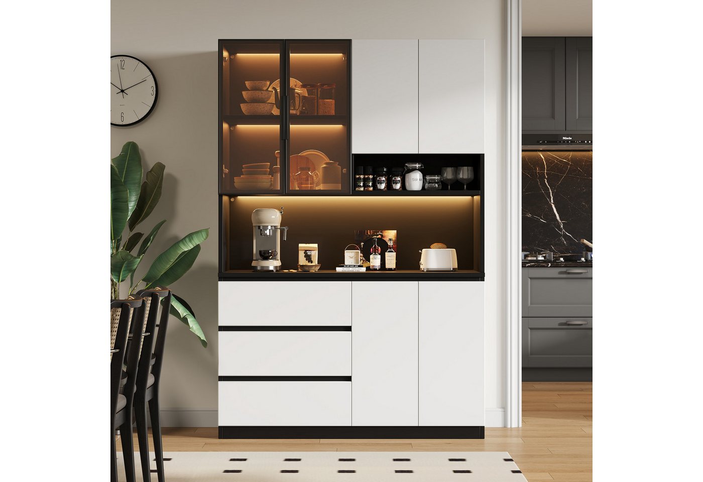 Flieks Küchenbuffet mit LED-Beleuchtung, 3 Schubladen und Glastüren (mit verstellbarer Einlegeböden & Arbeitsplatte, 1-St., 120x40x180 cm) Hochschrank Küchensch – Bild 2 von 5