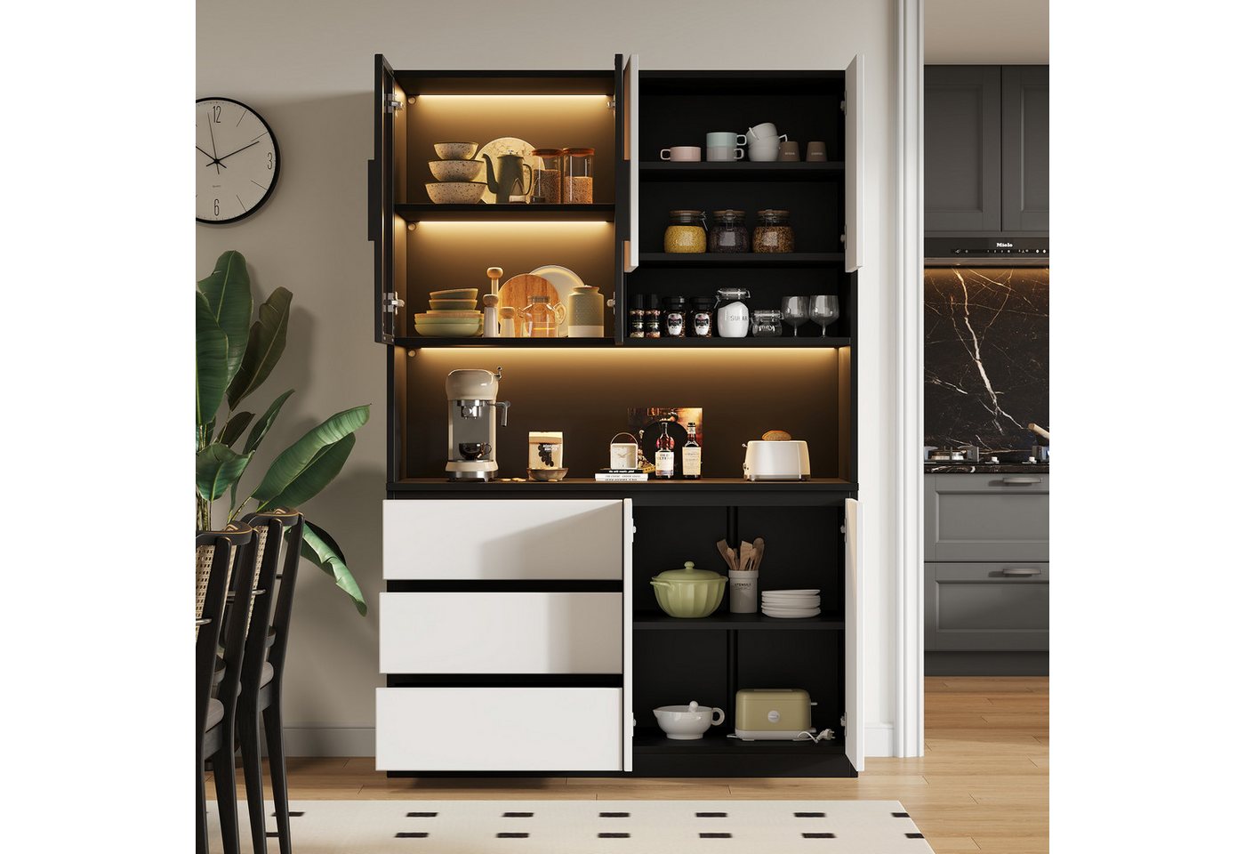 Flieks Küchenbuffet mit LED-Beleuchtung, 3 Schubladen und Glastüren (mit verstellbarer Einlegeböden & Arbeitsplatte, 1-St., 120x40x180 cm) Hochschrank Küchensch – Bild 3 von 5