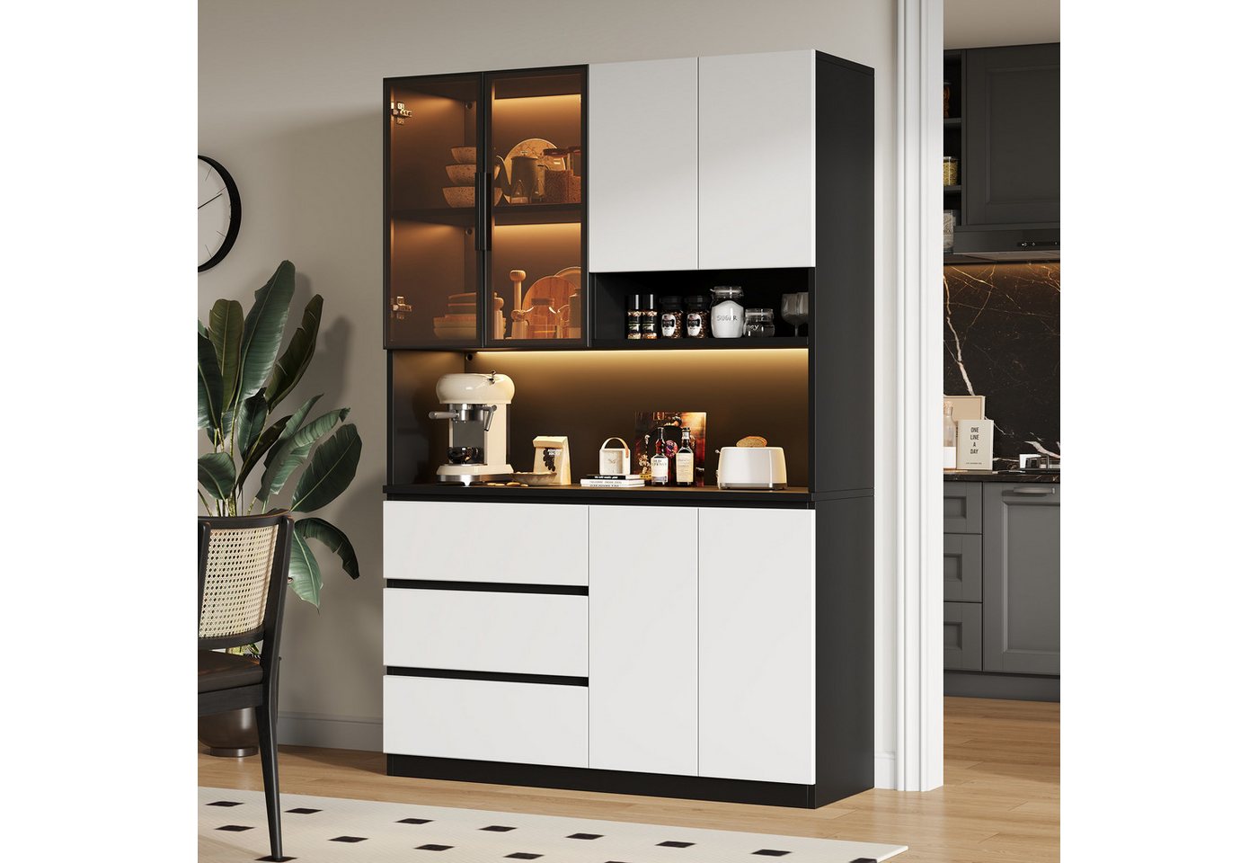 Flieks Küchenbuffet mit LED-Beleuchtung, 3 Schubladen und Glastüren (mit verstellbarer Einlegeböden & Arbeitsplatte, 1-St., 120x40x180 cm) Hochschrank Küchensch – Bild 4 von 5
