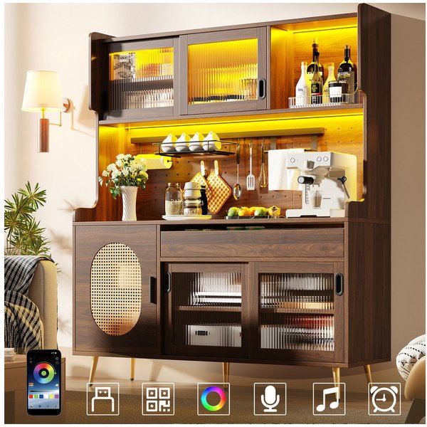Flieks Küchenbuffet mit LED-Beleuchtung, Lochwand, Glasschiebetüren und Rattantüren (1-St., B145xT39xH171 cm) Hochschrank Küchenschrank mit verstellbarer Ablage