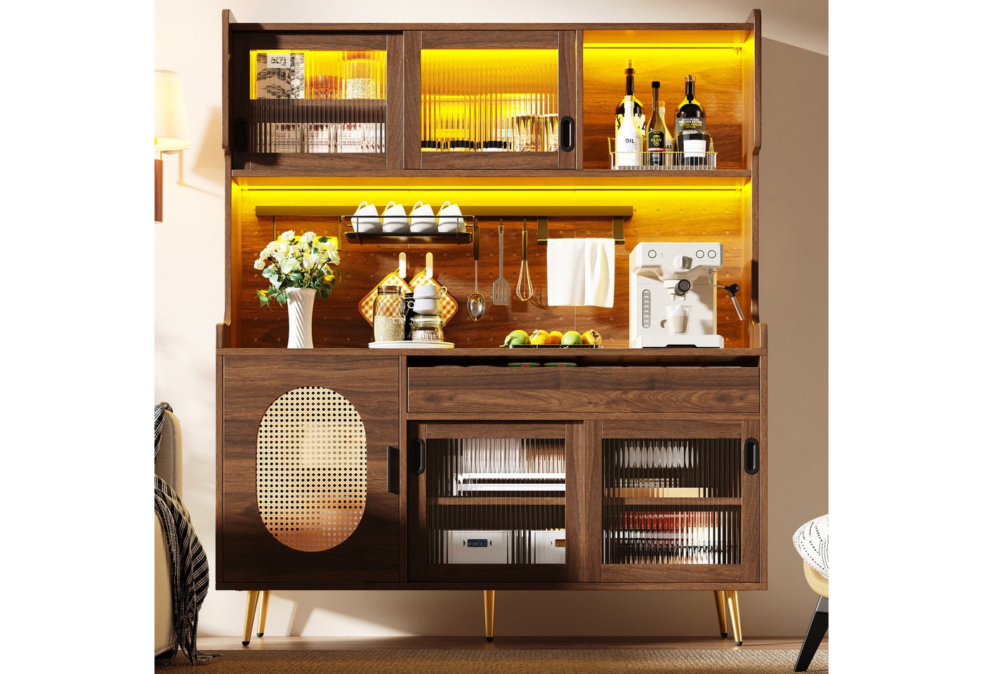 Flieks Küchenbuffet mit LED-Beleuchtung, Lochwand, Glasschiebetüren und Rattantüren (1-St., B145xT39xH171 cm) Hochschrank Küchenschrank mit verstellbarer Ablage – Bild 2 von 5