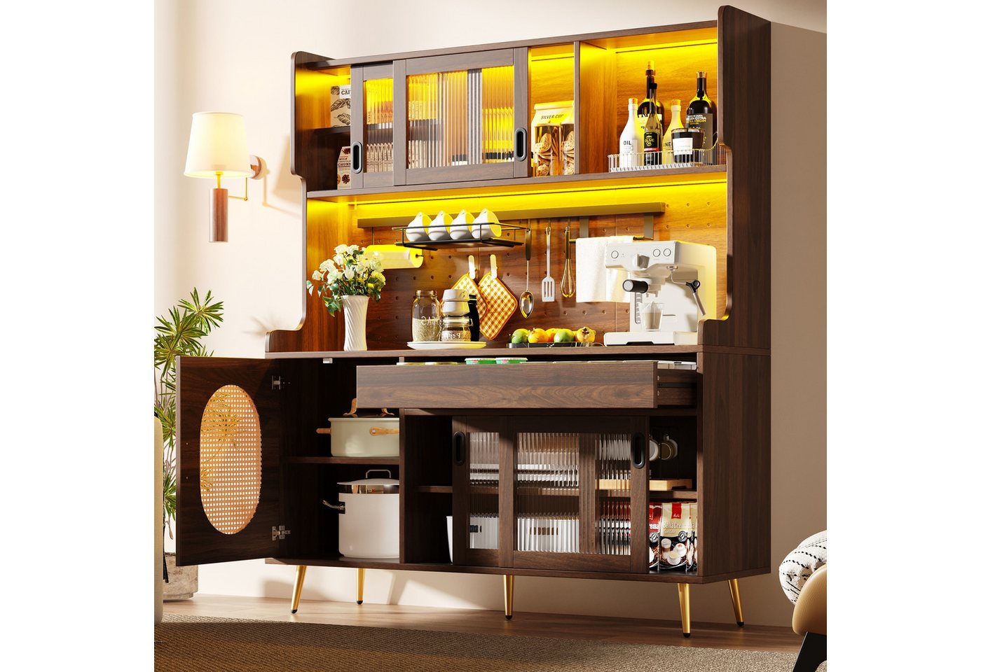 Flieks Küchenbuffet mit LED-Beleuchtung, Lochwand, Glasschiebetüren und Rattantüren (1-St., B145xT39xH171 cm) Hochschrank Küchenschrank mit verstellbarer Ablage – Bild 3 von 5