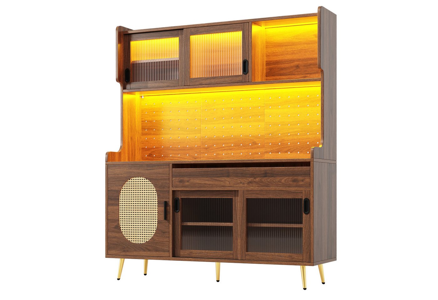 Flieks Küchenbuffet mit LED-Beleuchtung, Lochwand, Glasschiebetüren und Rattantüren (1-St., B145xT39xH171 cm) Hochschrank Küchenschrank mit verstellbarer Ablage – Bild 4 von 5