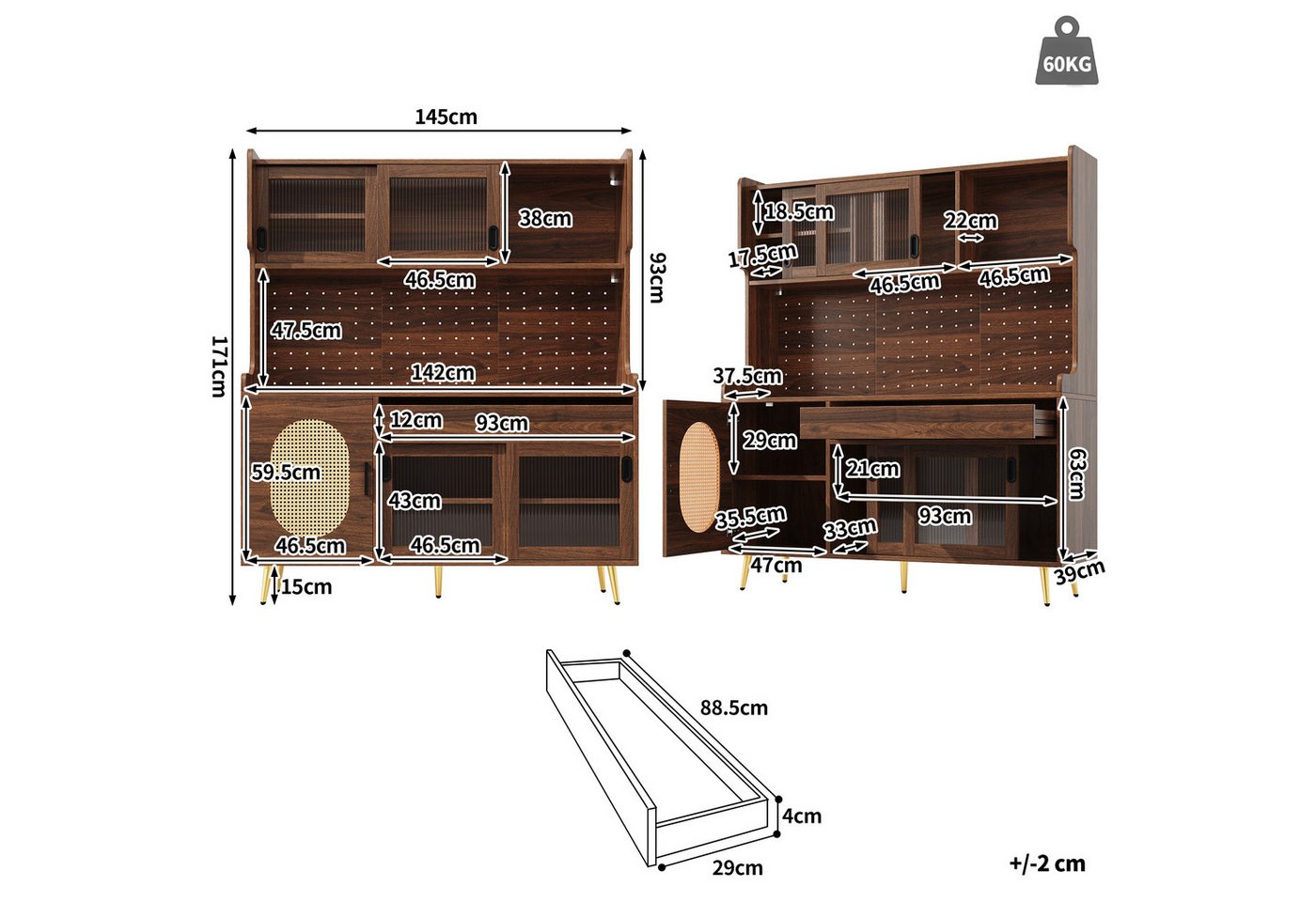 Flieks Küchenbuffet mit LED-Beleuchtung, Lochwand, Glasschiebetüren und Rattantüren (1-St., B145xT39xH171 cm) Hochschrank Küchenschrank mit verstellbarer Ablage – Bild 5 von 5