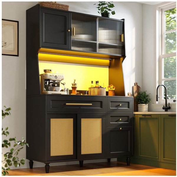 Flieks Küchenbuffet mit LED-Beleuchtung, Schubladen, Glas-&Rattan-Schiebetüren (1-St., B120/T45/H195,5 cm) Hochschrank Küchenschrank Geschirrschrank mit verstel