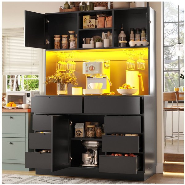 Flieks Küchenbuffet mit LED-Beleuchtung, Gläserhalter, 8 Schubladen und 3 Türen (1-St., B120/T40/H183,5 cm) Hochschrank Küchenschrank Geschirrschrank mit verste