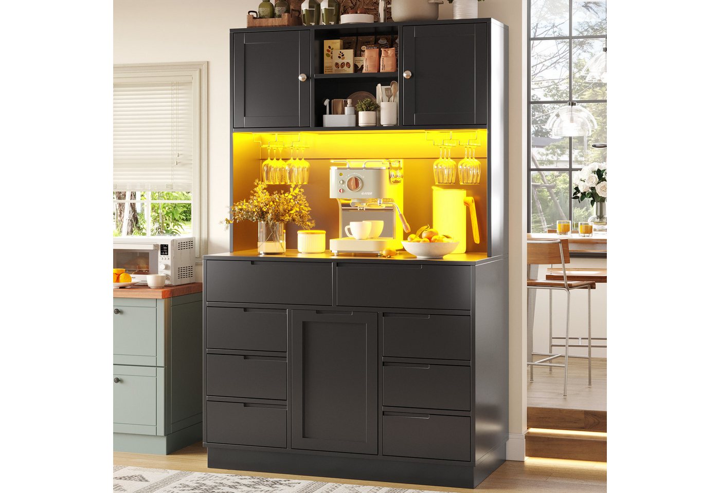 Flieks Küchenbuffet mit LED-Beleuchtung, Gläserhalter, 8 Schubladen und 3 Türen (1-St., B120/T40/H183,5 cm) Hochschrank Küchenschrank Geschirrschrank mit verste – Bild 2 von 5