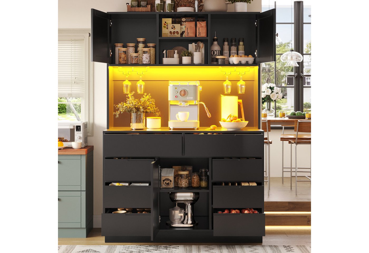Flieks Küchenbuffet mit LED-Beleuchtung, Gläserhalter, 8 Schubladen und 3 Türen (1-St., B120/T40/H183,5 cm) Hochschrank Küchenschrank Geschirrschrank mit verste – Bild 3 von 5