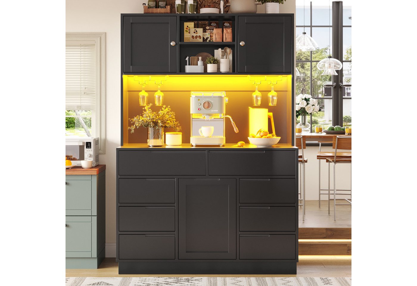 Flieks Küchenbuffet mit LED-Beleuchtung, Gläserhalter, 8 Schubladen und 3 Türen (1-St., B120/T40/H183,5 cm) Hochschrank Küchenschrank Geschirrschrank mit verste – Bild 4 von 5