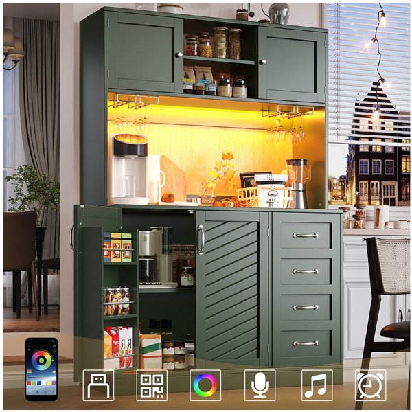 Flieks Küchenbuffet mit LED-Beleuchtung, Gläserhalter, Schubladen und Türablagen (1-St., B120/T40/H188 cm) Hochschrank Küchenschrank Geschirrschrank mit Arbeits