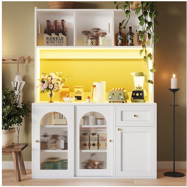 Flieks Küchenbuffet mit LED-Beleuchtung, Glas-Schiebetüren und Schubladen (1-St., B120/T35/H167 cm) Hochschrank Küchenschrank Geschirrschrank mit verstellbare A