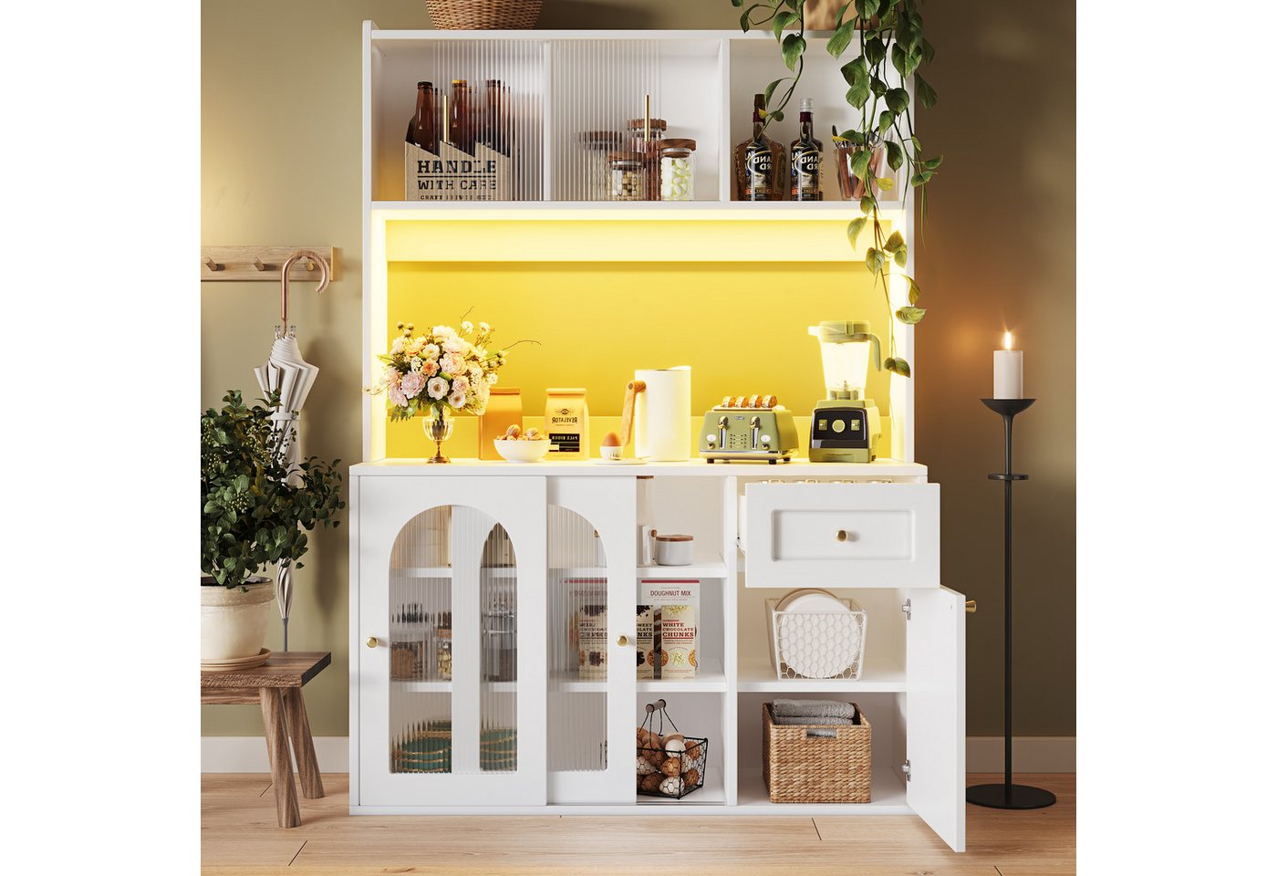 Flieks Küchenbuffet mit LED-Beleuchtung, Glas-Schiebetüren und Schubladen (1-St., B120/T35/H167 cm) Hochschrank Küchenschrank Geschirrschrank mit verstellbare A – Bild 2 von 5