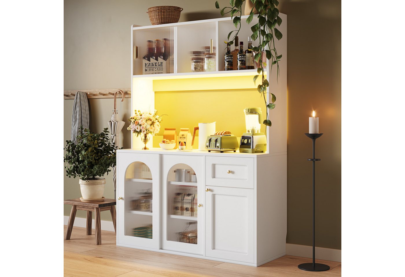 Flieks Küchenbuffet mit LED-Beleuchtung, Glas-Schiebetüren und Schubladen (1-St., B120/T35/H167 cm) Hochschrank Küchenschrank Geschirrschrank mit verstellbare A – Bild 3 von 5