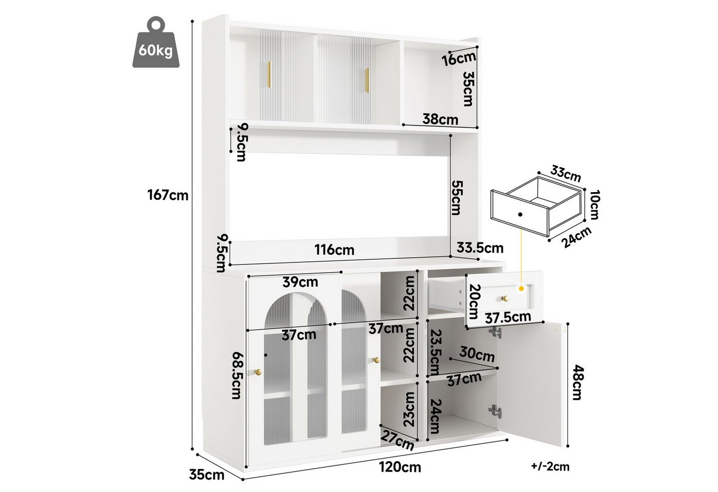 Flieks Küchenbuffet mit LED-Beleuchtung, Glas-Schiebetüren und Schubladen (1-St., B120/T35/H167 cm) Hochschrank Küchenschrank Geschirrschrank mit verstellbare A – Bild 5 von 5