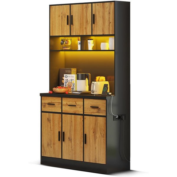 Flieks Küchenbuffet mit LED-Beleuchtung und Steckdosen (1-St., 100x40x180cm) Hochschrank Küchenschrank Geschirrschrank mit verstellbare Ablagen