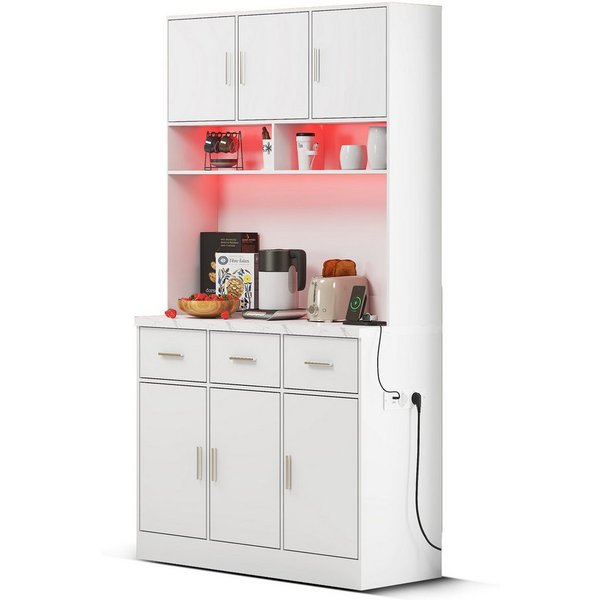 Flieks Küchenbuffet mit LED-Beleuchtung und Steckdosen (1-St., 100x40x180cm) Hochschrank Küchenschrank Geschirrschrank mit verstellbare Ablagen