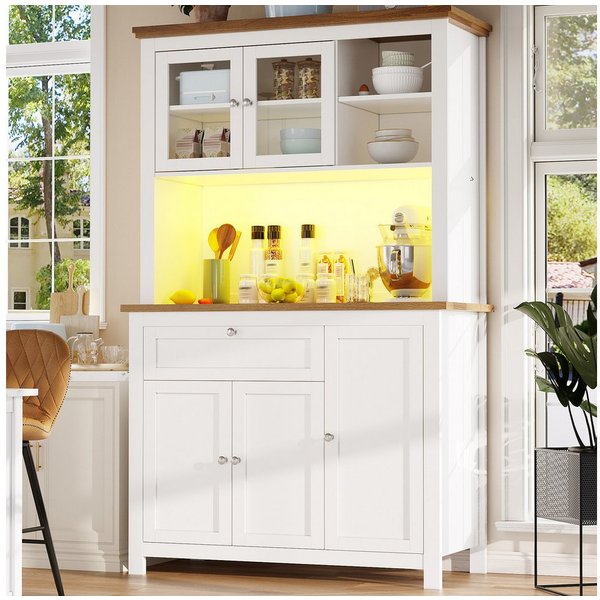 Flieks Küchenbuffet mit LED-Beleuchtung und verstellbaren Ablagen (1-St., B105/T40/H180 cm) Hochschrank Küchenschrank Geschirrschrank mit Schubladen und Glastür