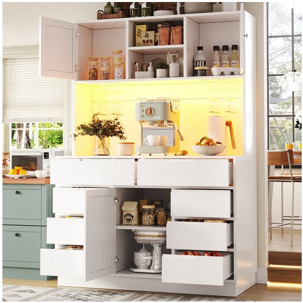 Flieks Küchenbuffet mit LED-Beleuchtung, Gläserhalter, 8 Schubladen und 3 Türen (1-St., B120/T40/H183,5 cm) Hochschrank Küchenschrank Geschirrschrank mit verste