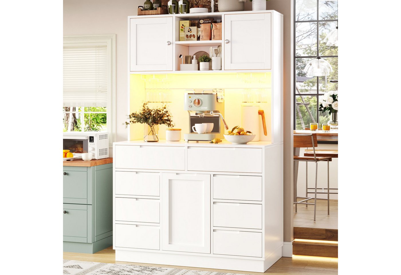 Flieks Küchenbuffet mit LED-Beleuchtung, Gläserhalter, 8 Schubladen und 3 Türen (1-St., B120/T40/H183,5 cm) Hochschrank Küchenschrank Geschirrschrank mit verste – Bild 2 von 5