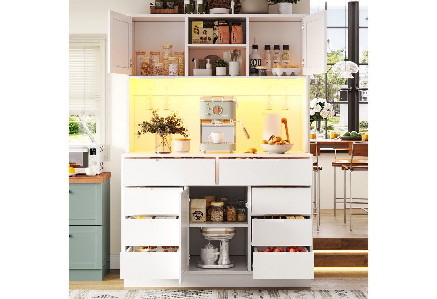 Flieks Küchenbuffet mit LED-Beleuchtung, Gläserhalter, 8 Schubladen und 3 Türen (1-St., B120/T40/H183,5 cm) Hochschrank Küchenschrank Geschirrschrank mit verste – Bild 3 von 5