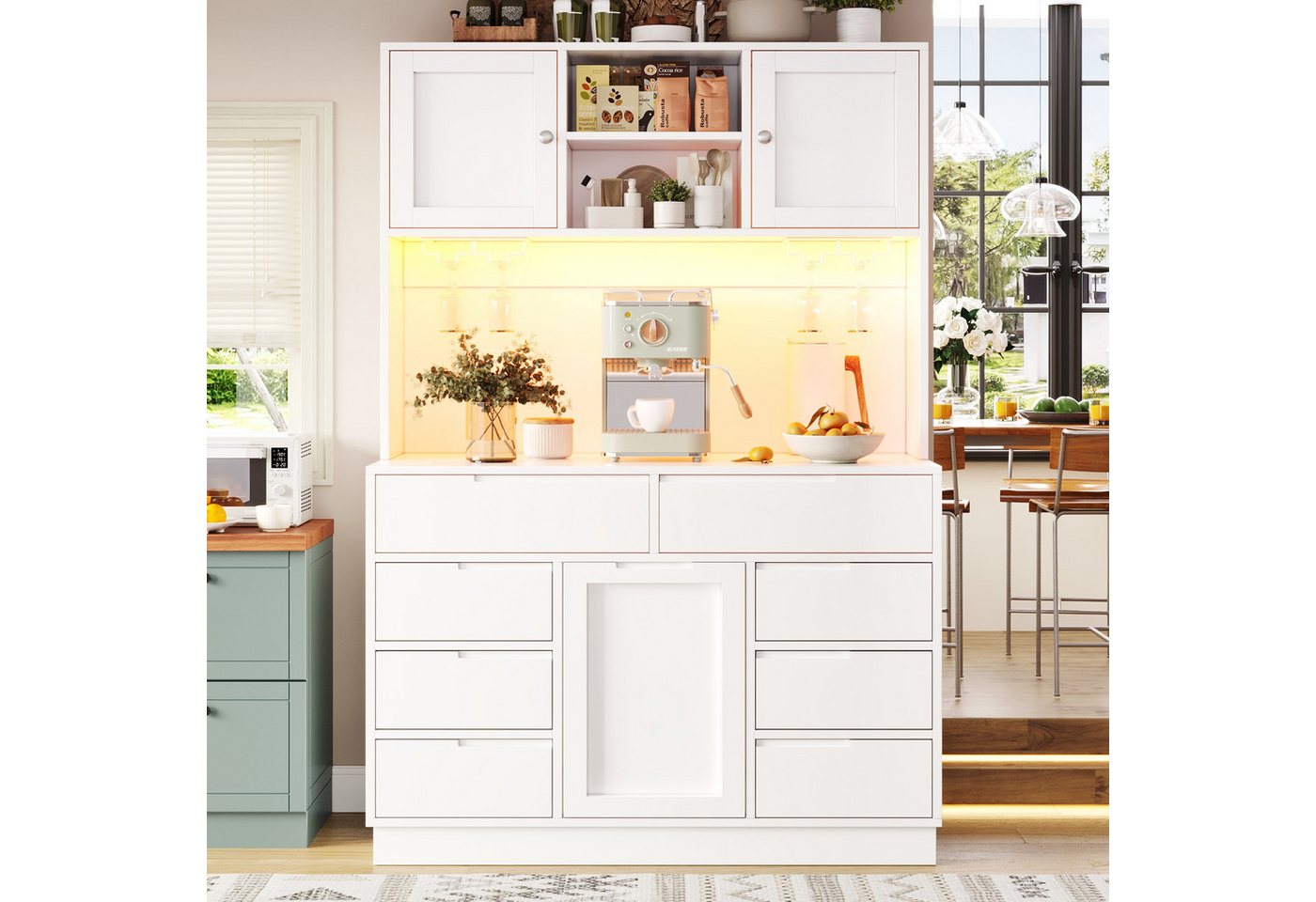 Flieks Küchenbuffet mit LED-Beleuchtung, Gläserhalter, 8 Schubladen und 3 Türen (1-St., B120/T40/H183,5 cm) Hochschrank Küchenschrank Geschirrschrank mit verste – Bild 4 von 5
