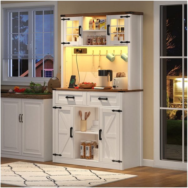 Flieks Küchenbuffet mit LED-Beleuchtung, Steckdosen und Haken (1-St., B100/T40/H172 cm) Hochschrank Küchenschrank Geschirrschrank mit verstellbare Ablagen