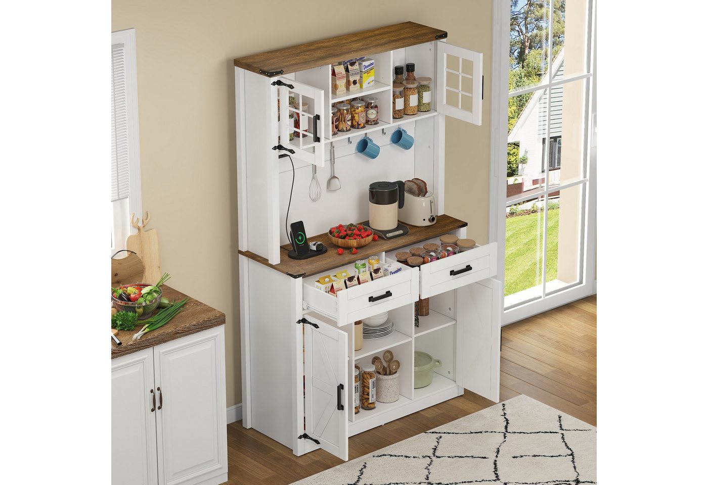 Flieks Küchenbuffet mit LED-Beleuchtung, Steckdosen und Haken (1-St., B100/T40/H172 cm) Hochschrank Küchenschrank Geschirrschrank mit verstellbare Ablagen – Bild 2 von 5